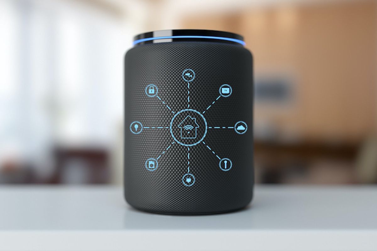 A smart speaker with images of a home, light bulb, lock and other icons