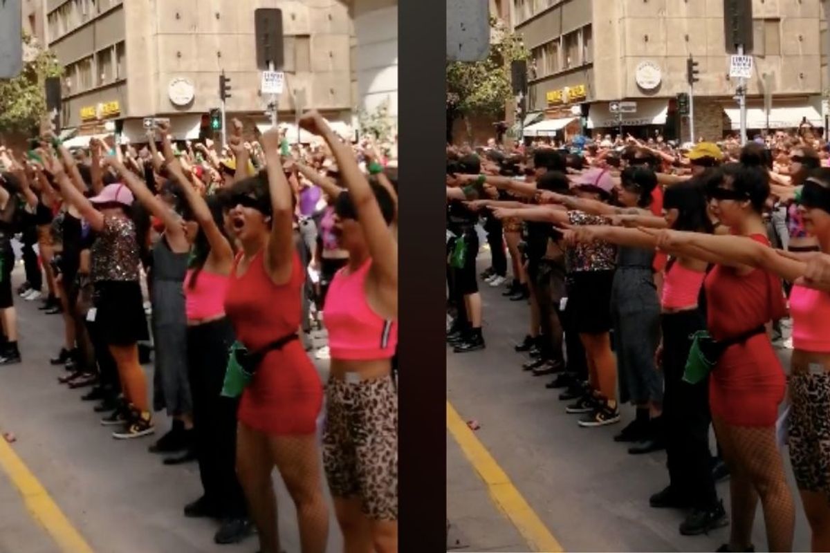 Blindfolded women singing an anti-rape chant on the streets of Chile is powerfully haunting