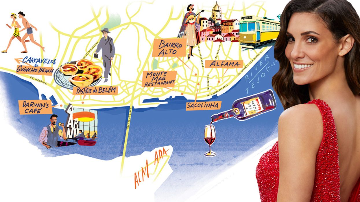 Illustrated map of Lisbon, Portugal and portrait of actress Daniela Ruah.