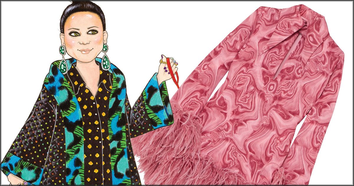 Illustration of style editor Sasha Charnin Morrison and pink feathered dress.