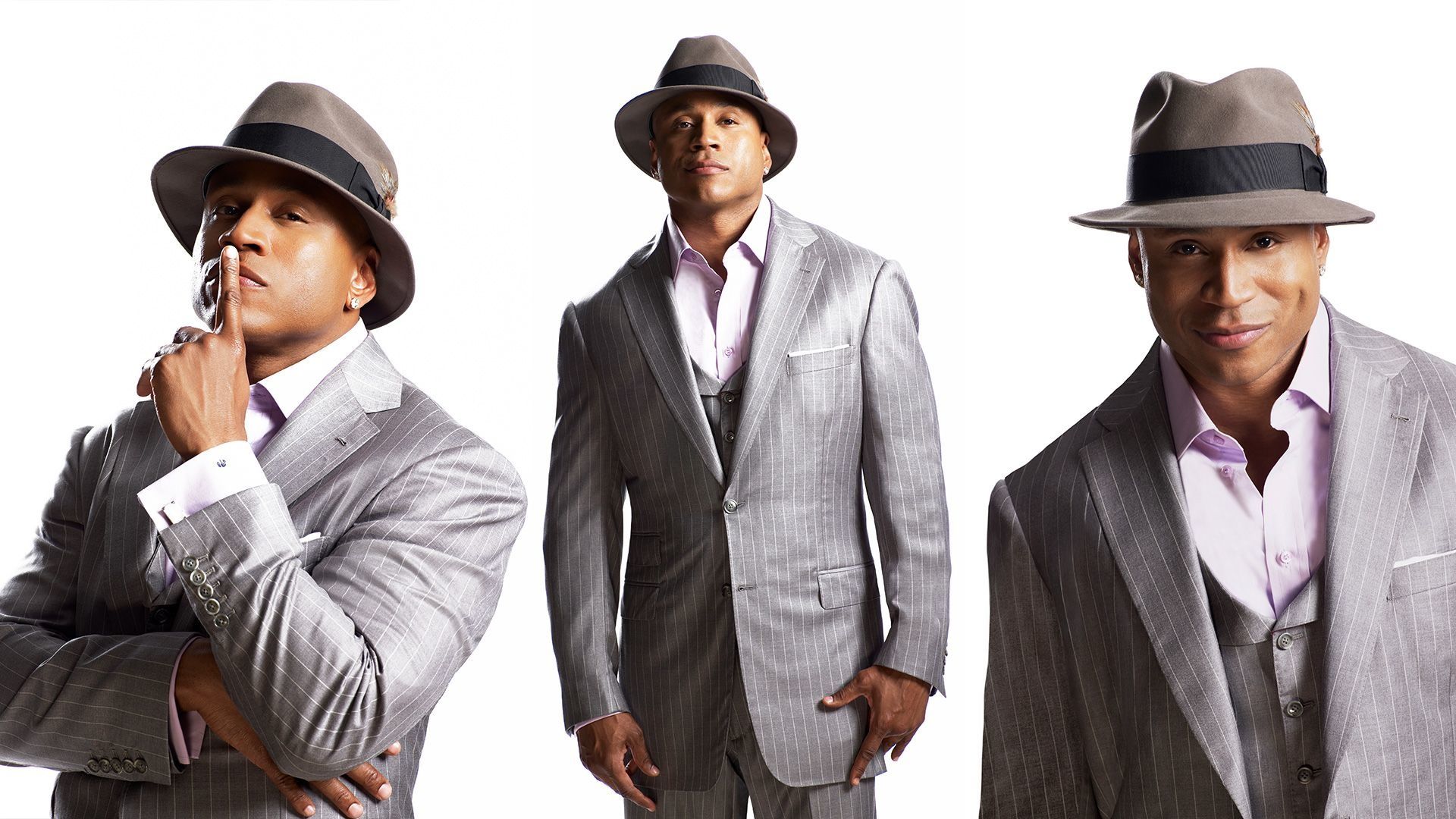 LL COOL J in a grey suit and taupe hat standing in three different poses