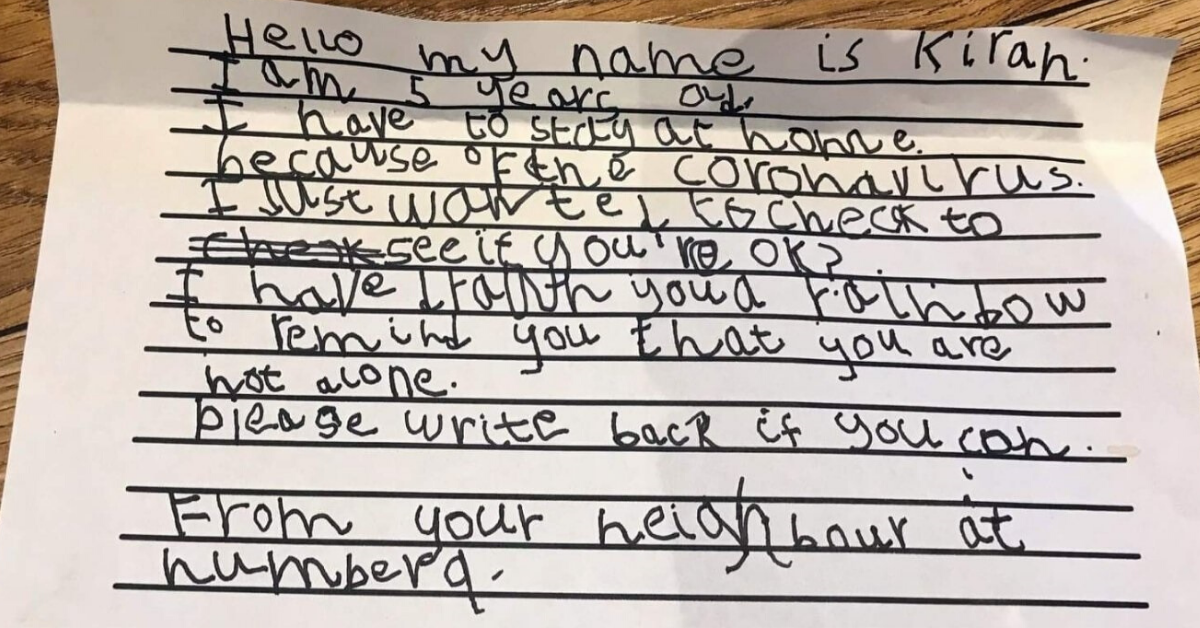 Little Girl Pens Sweet Note Checking In On Her 93-Year-Old Neighbor Who Lives Alone To See Make Sure He's OK