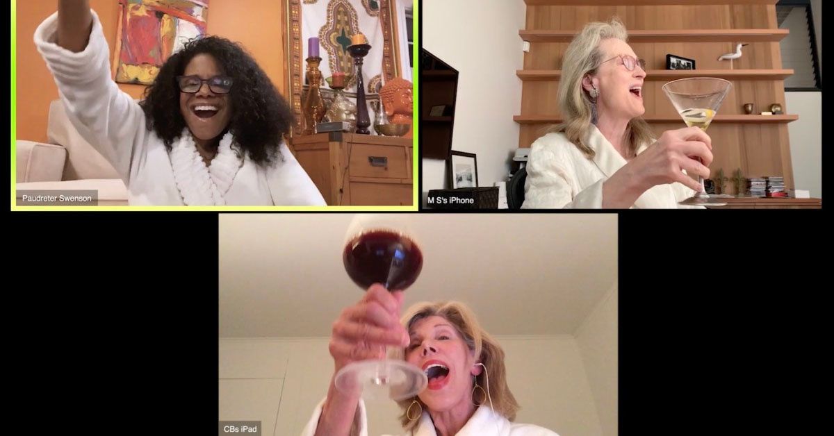 Christine Baranski, Audra McDonald, and Meryl Streep on a triptych of video conference screens
