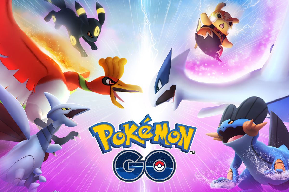 Six angry Pokemon rush towards eachother, congregating around PokemonGo's logo.