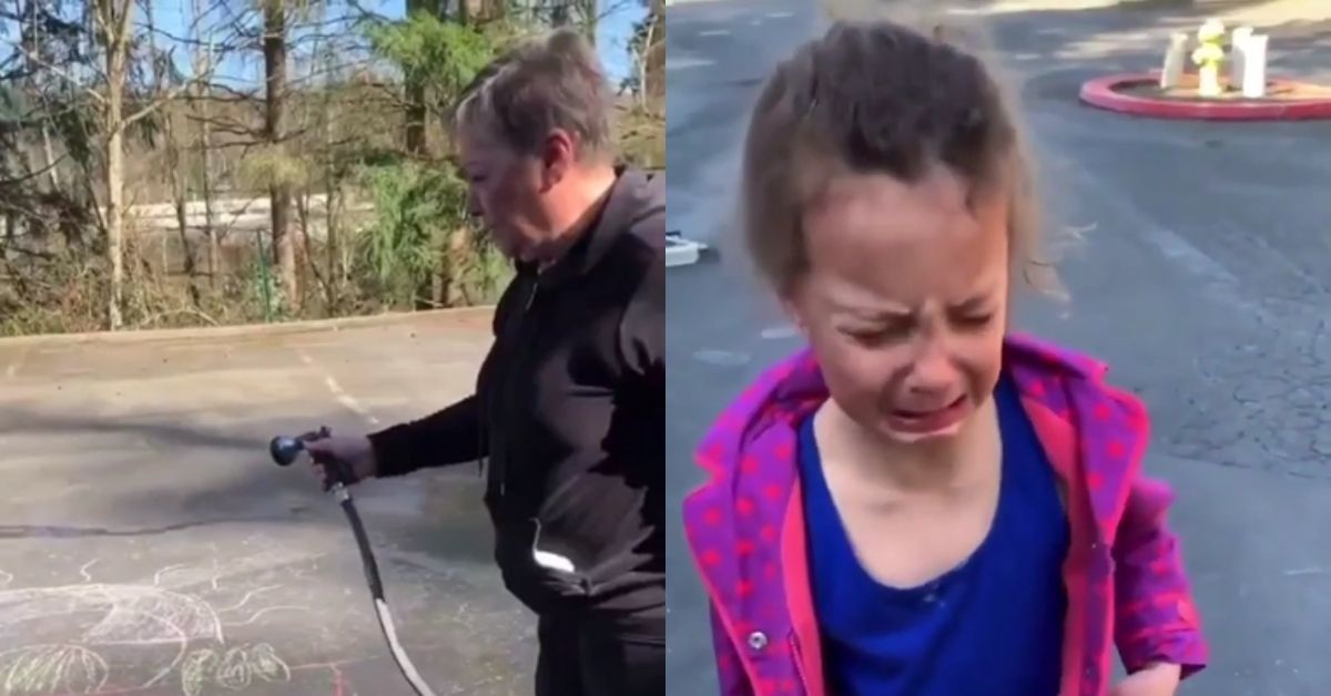 Woman Brings Young Girl To Tears By Unapologetically Hosing Down Her Chalk Art In Front Of Her
