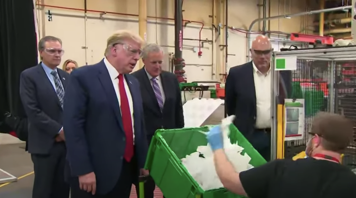 Trump Touring a Mask Plant Wearing No Mask While 'Live and Let Die' Plays Over the Sound System Is So Perfect It Hurts