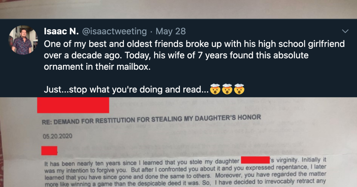 Ultra-Religious Dad Sends His Daughter's Ex-Boyfriend A Truly Bonkers Letter After Finding Out He Took Her Virginity