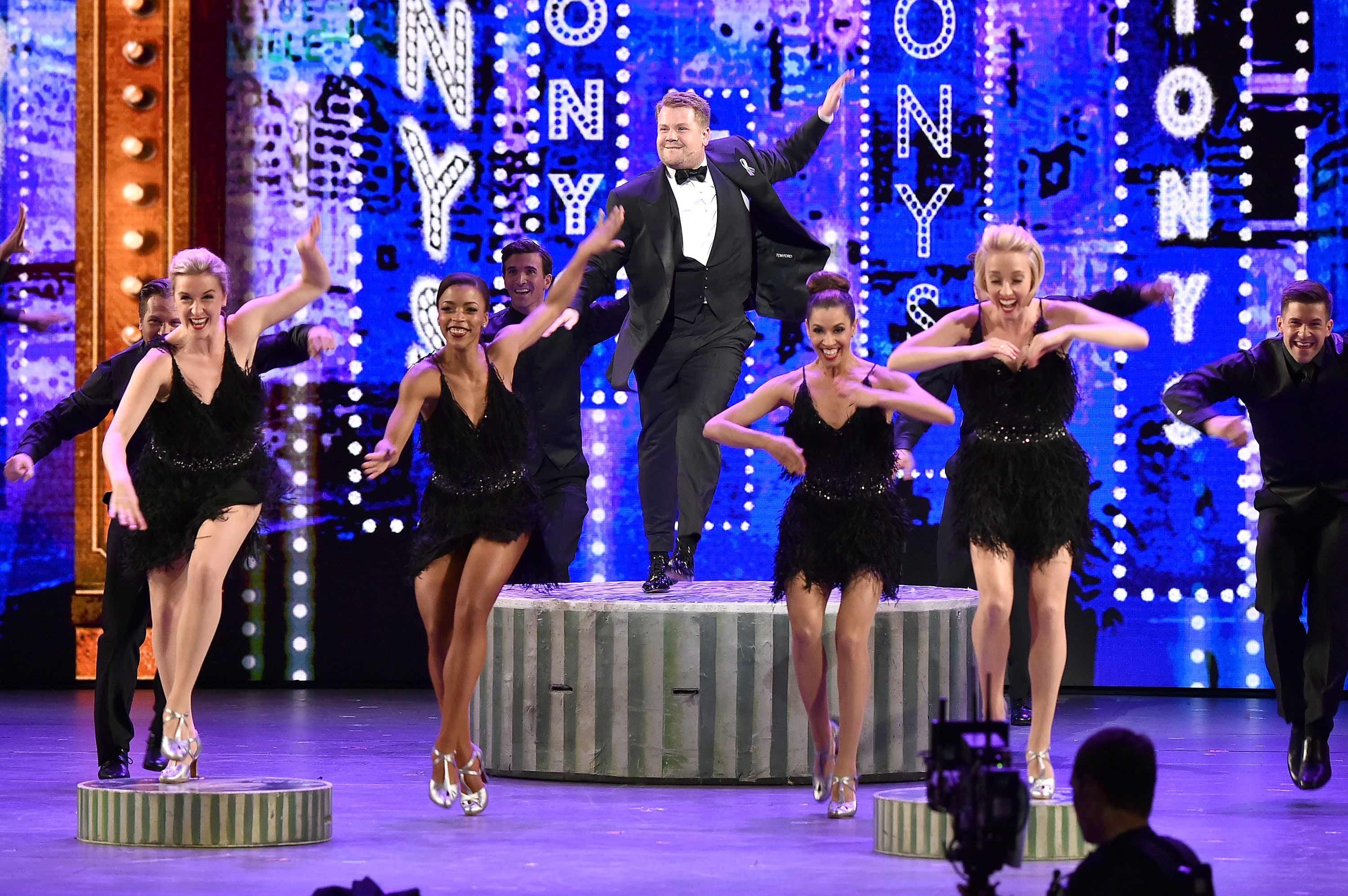 Host James Corden performs onstage during the 70th Annual Tony Awards at The Beacon Theatre.