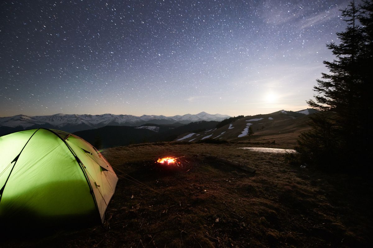 Camping in the wilderness at night
