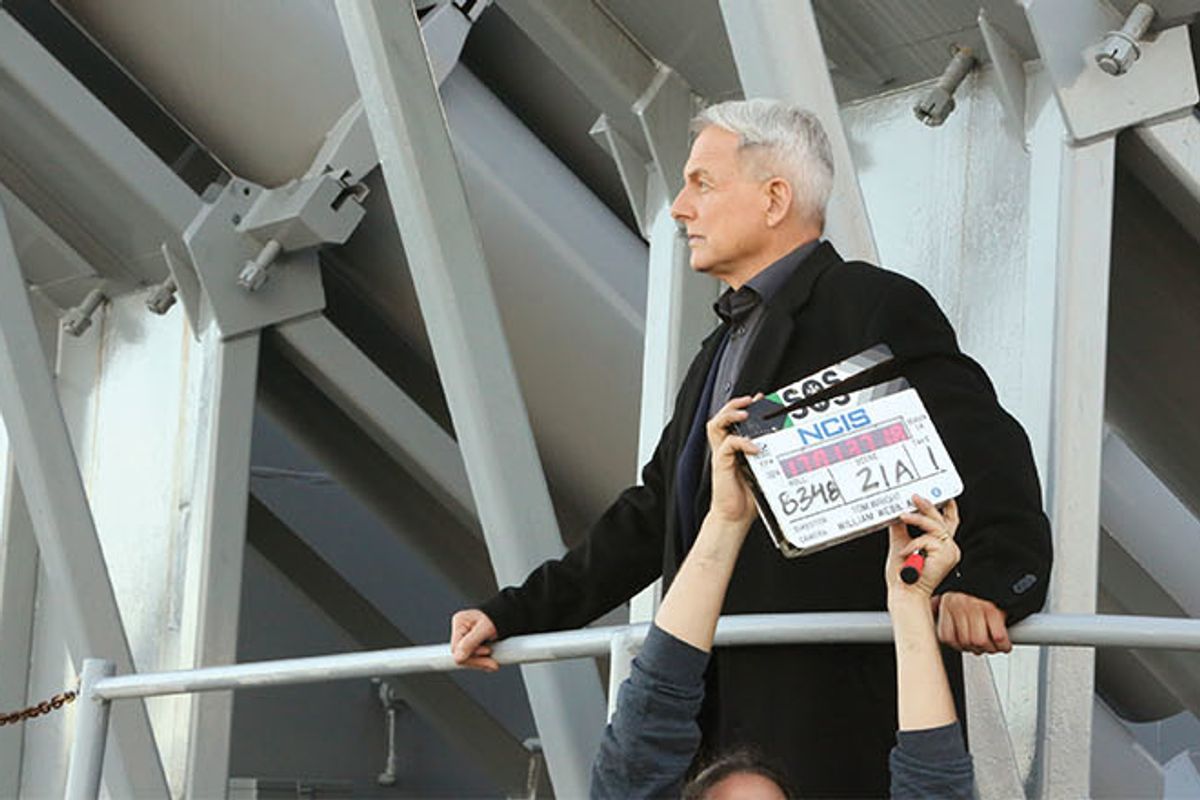 Mark Harmon on set and an image of blue set chairs.