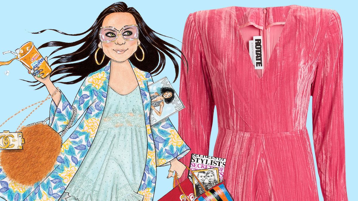 Illustration of style editor Sasha Charnin Morrison and pink velvet romper.