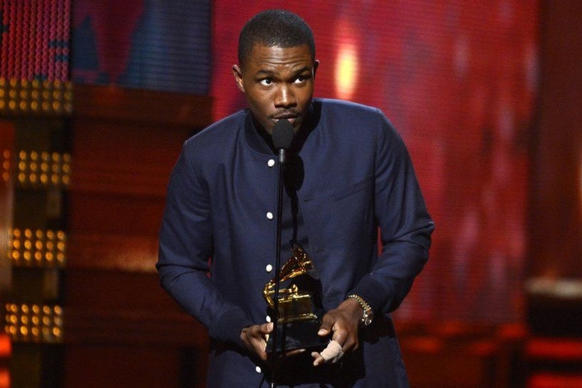 Frank Ocean onstage at the 2013 Grammy ceremony accepting his award for Best Urban Contemporary Album.