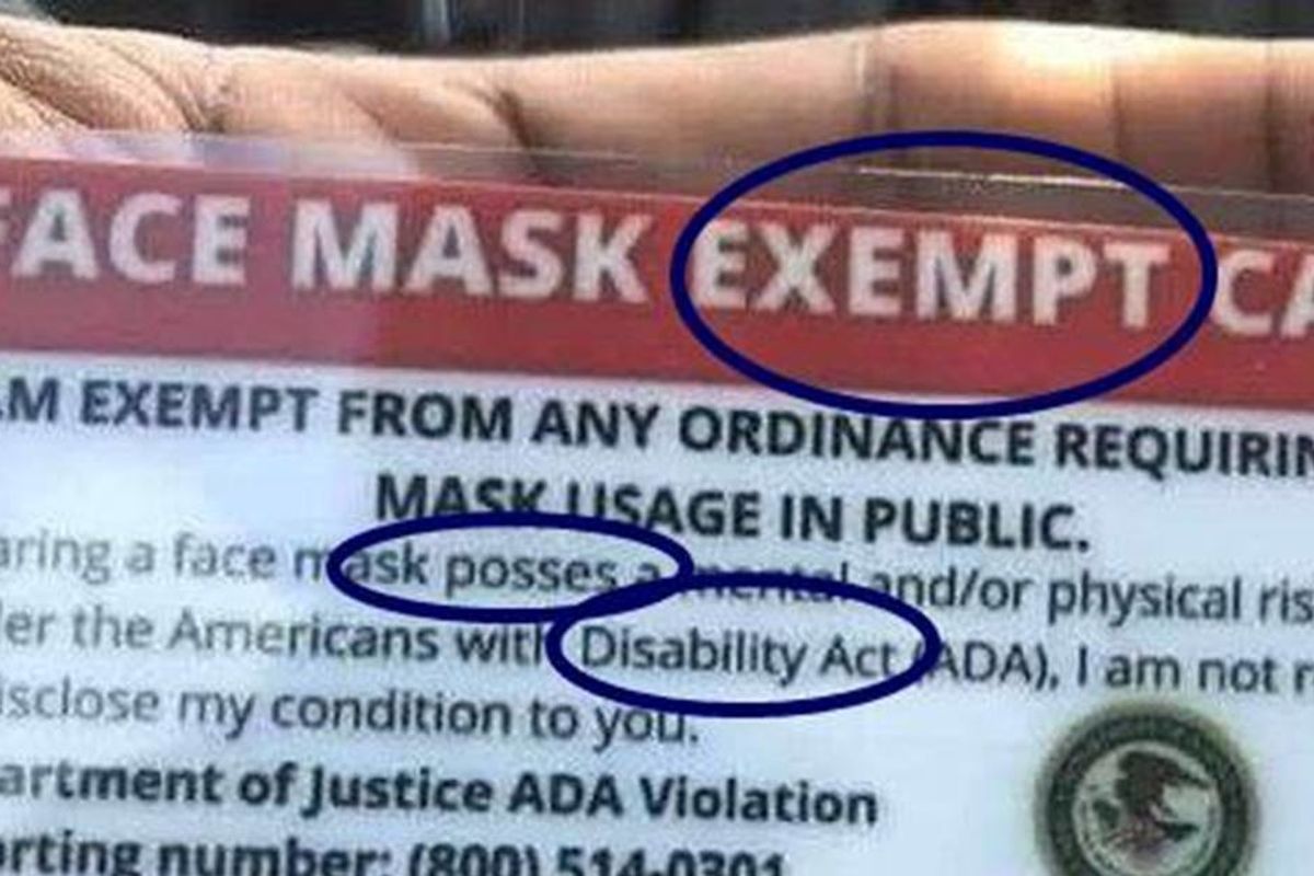 A group of Anti-Maskers is trying to pass off a bogus 'mask-exemption' card
