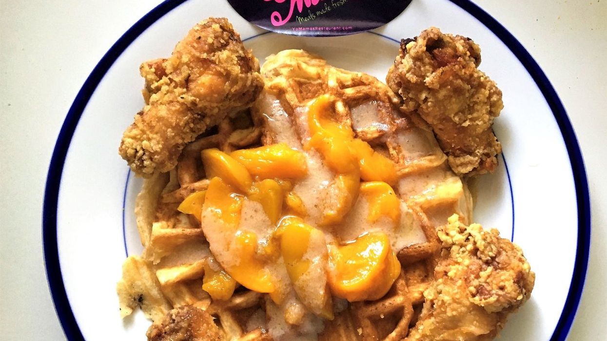 Peach cobbler chicken and waffles is a Southern match made in heaven