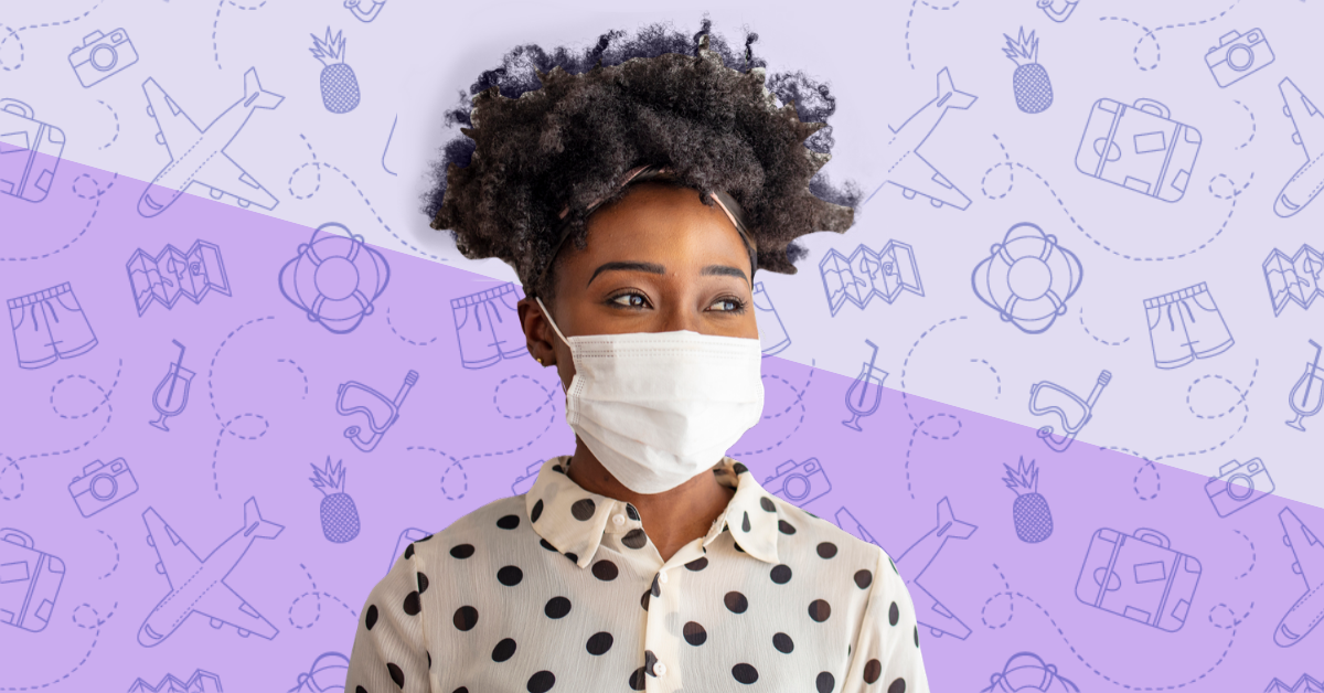 Black woman in a mask in front of a purple background with travel icons. 