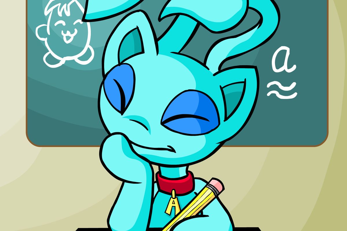 Image of a Neopet, a blue Aisha, with a pencil and notepad