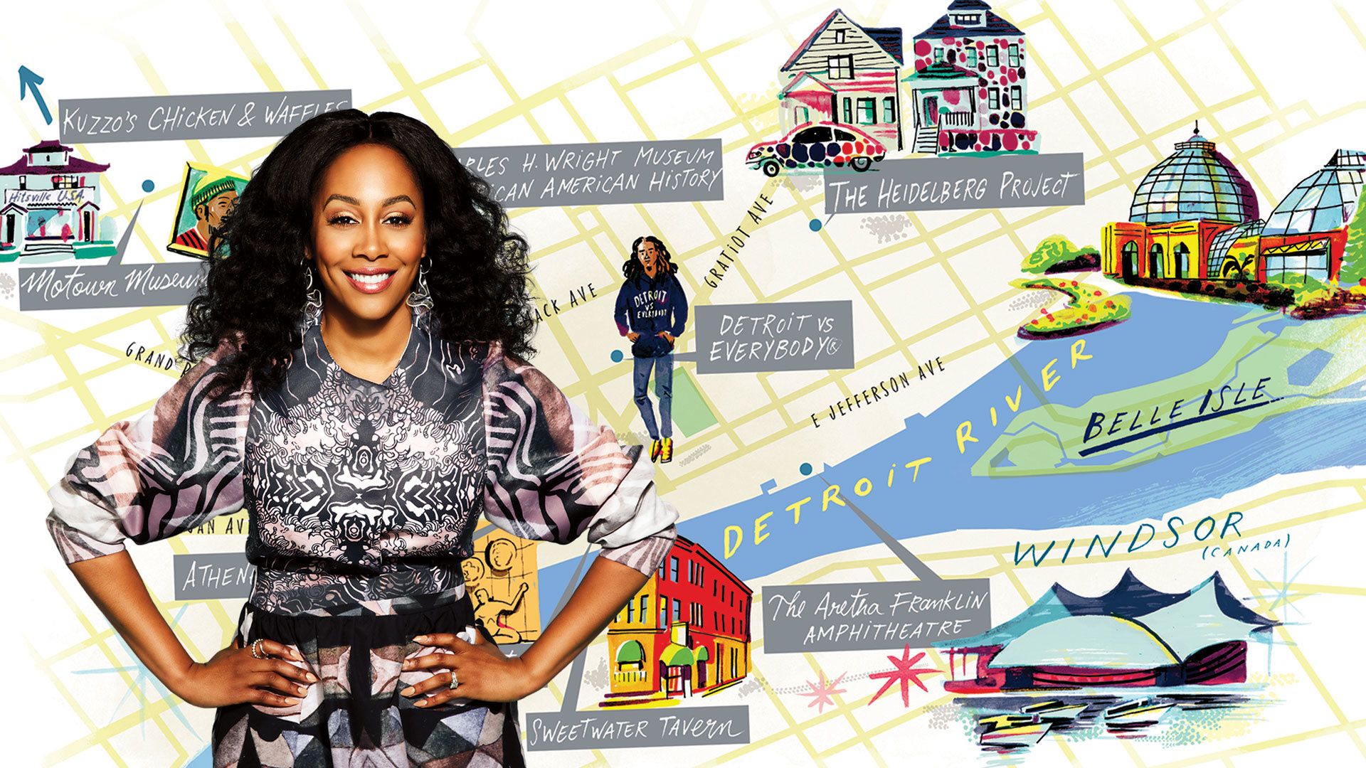 Composite image of Simone Missick in front of illustrated map of Detroit.