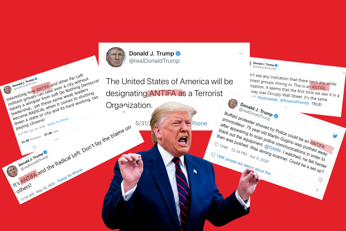 Trump surrounded by a sampling of his antifa related tweets
