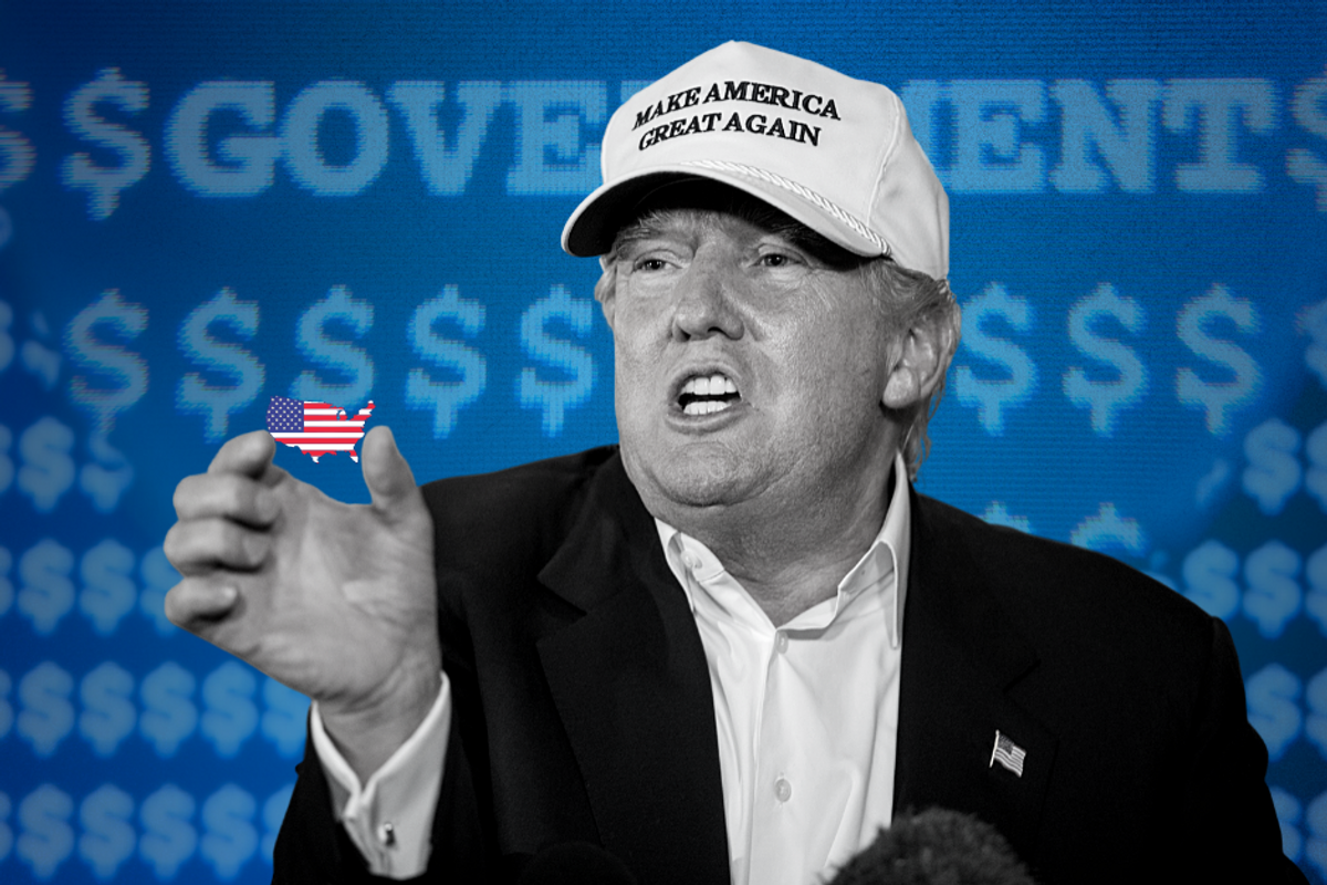Donald Trump wearing "MAGA" hat holding a very tiny United States between two fingers. In the background you see dollar signs and the word big government.