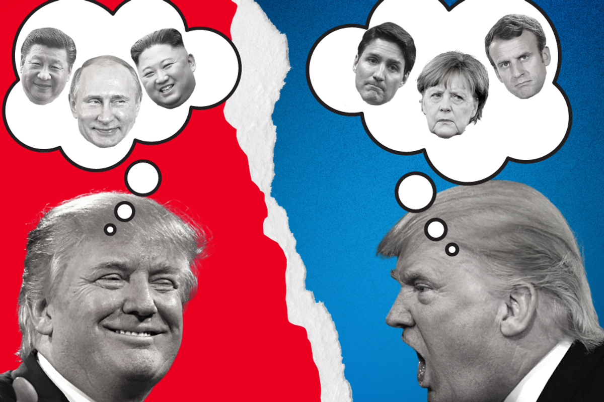 Trump smiling and thinking of dictators Trump yelling and thinking of allied leaders