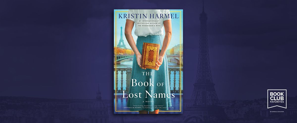 Novel cover jacket showing a woman holding a vintage book behind her back