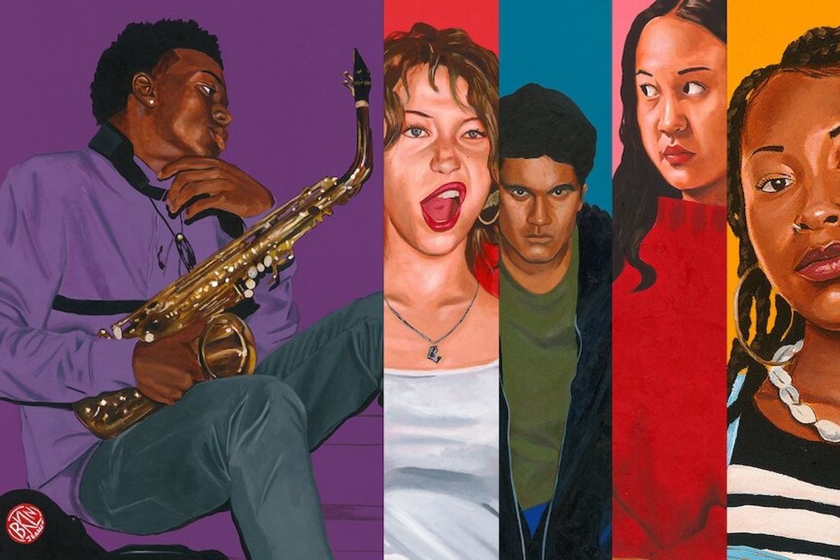 Illustration of show protagonists in separate color boxes. From left to right: Boy looking away and holding saxophone against a purple background; girl with open mouth against a red background; boy staring defiantly ahead against a blue background; girl looking away against a pink background; girl looking ahead against a yellow background