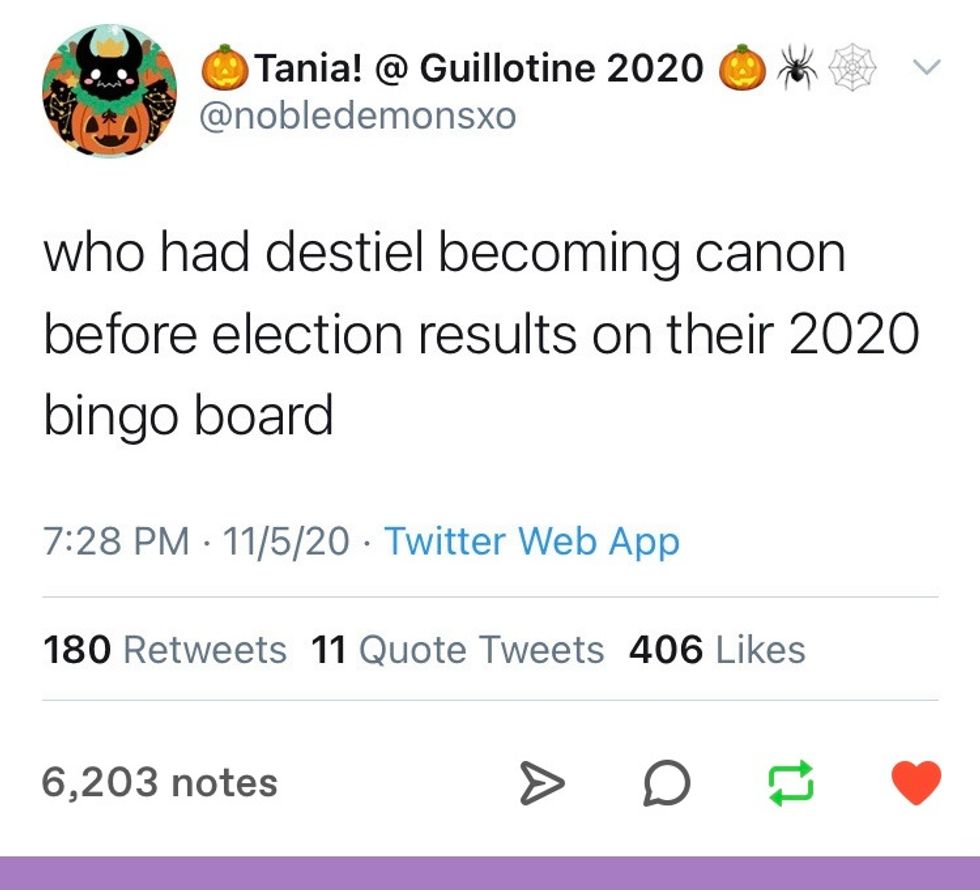 tweet "who had destiel becoming canon before election results on their 2020 bingo board"