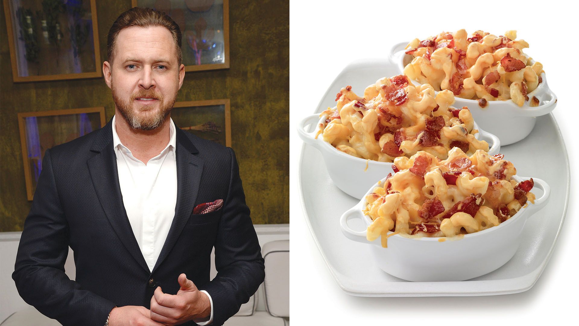 Actor AJ Buckley in a suit and his family Mac-n-Cheese.