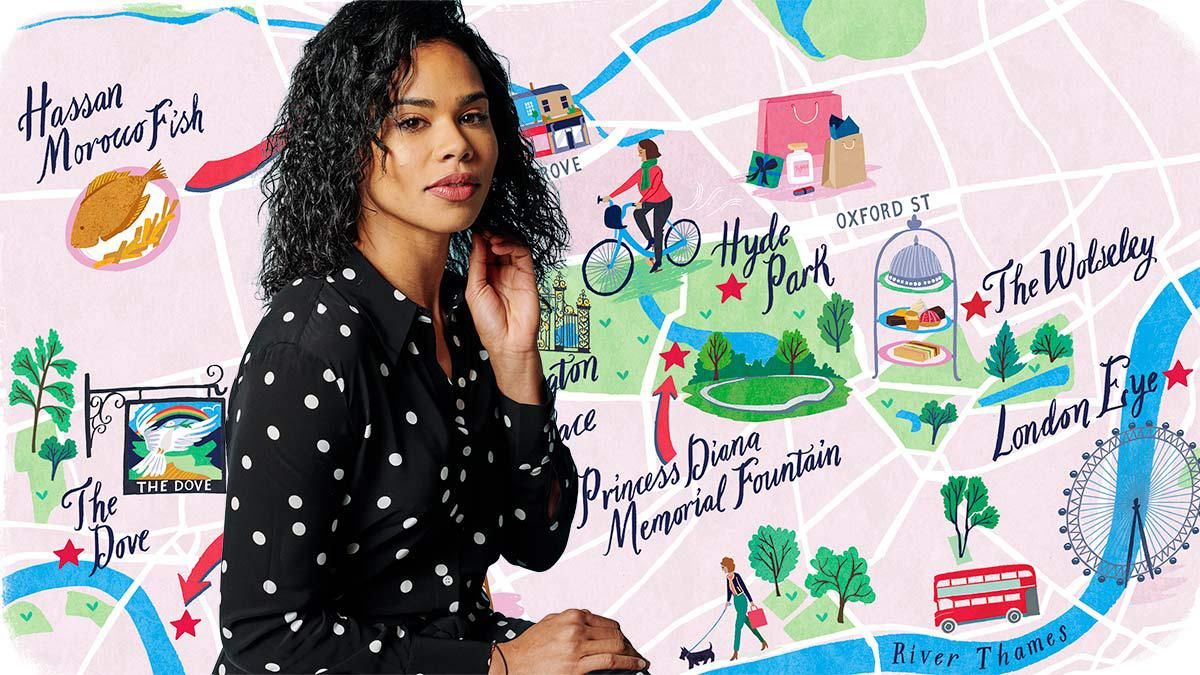 Roxy Sternberg in the foreground of an illustrated map of London