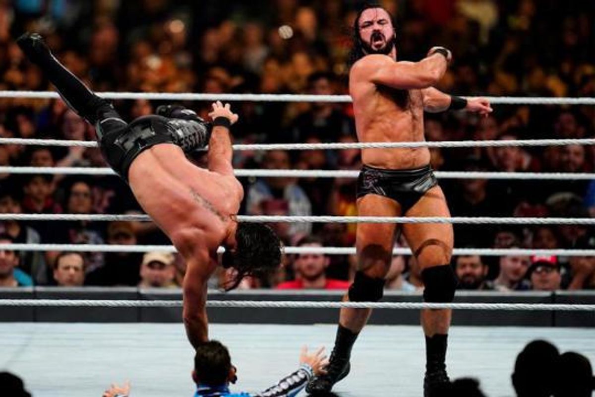 Drew McIntyre eliminating Seth Rollins during the 2020 men's Royal Rumble match