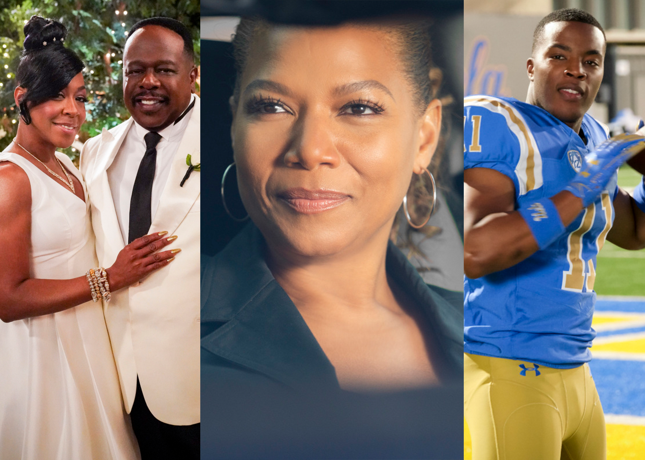 A triptych of Tichina Arnold and Cedric the Entertainer, Queen Latifah, and Daniel Ezra