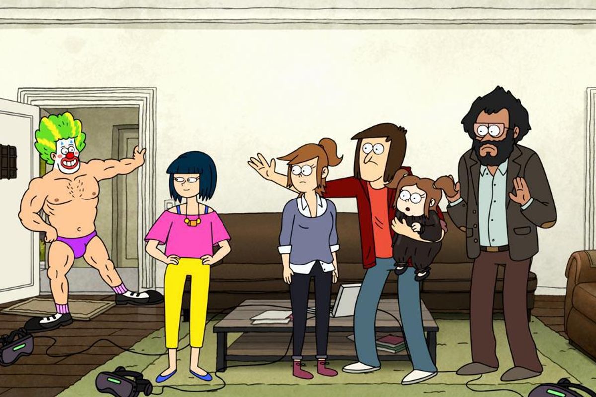 The Cast of Close Enough staring at a clown in a speedo