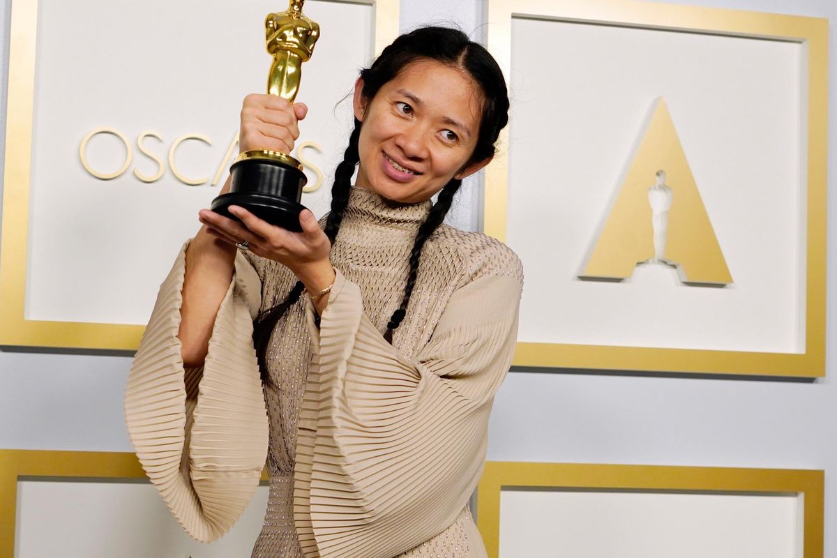 Chloe Zhao with her Oscar for Best Director