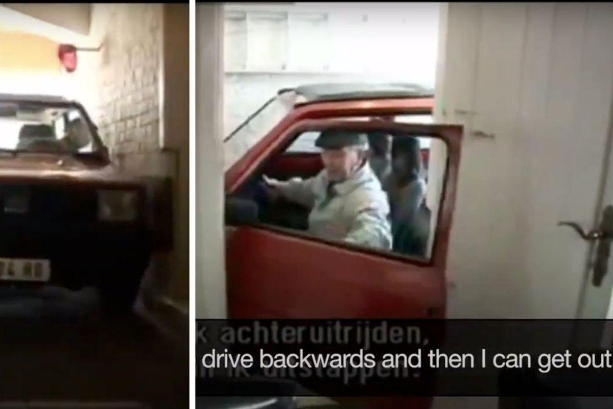 Watch an 87-yr-old Belgian man park his car in a garage with less than 3 inches to spare