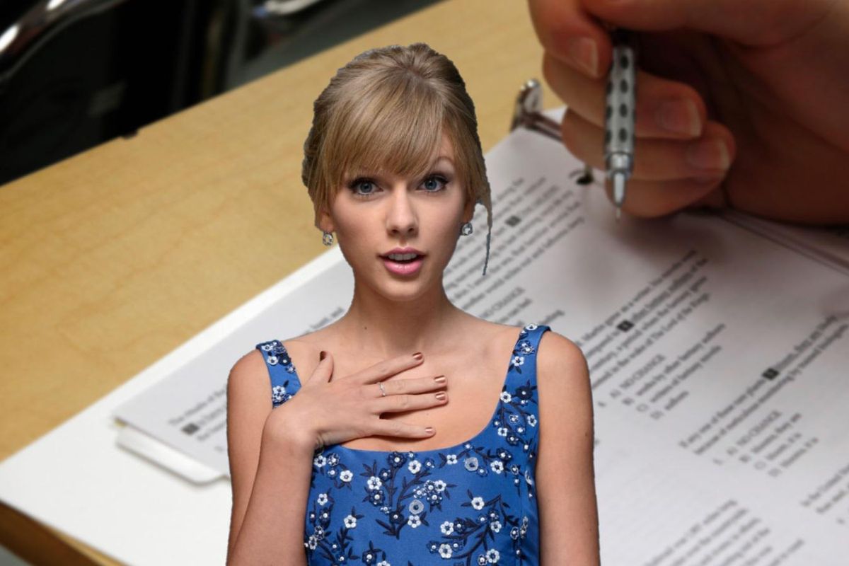 Taylor Swift surprised with a standardized test in the background