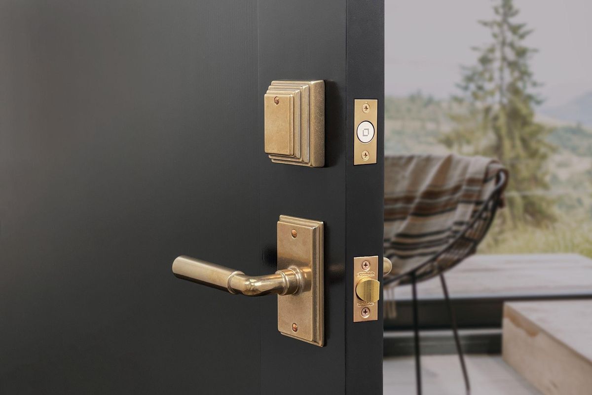 Photo of high end looking smart door lock with Rocky Mountain Hardware and Level Bolt lock.
