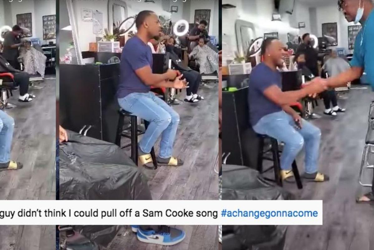 Guy starts singing a Sam Cooke song at the barbershop and blows everyone away