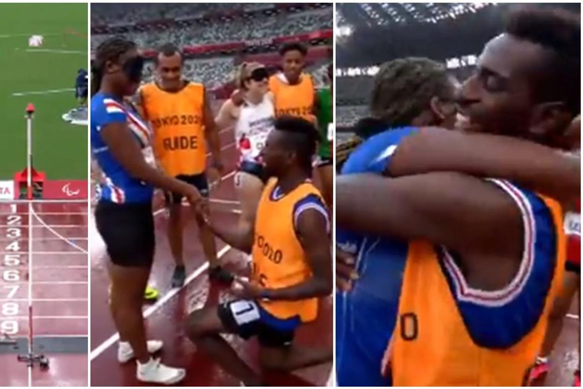 A visually impaired Paralympian is overjoyed when her guide proposes to her after their race