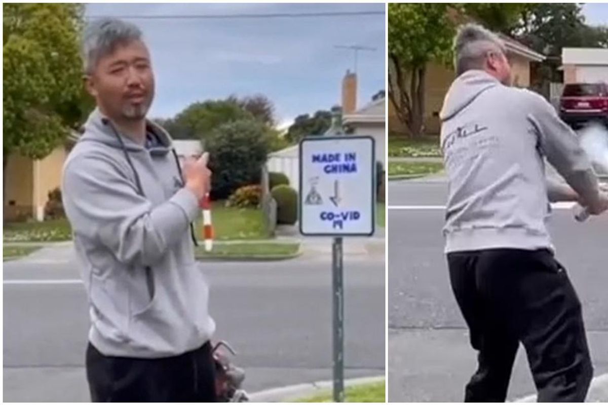 In a brave act of defiance, man destroys racist, anti-Chinese sign posted in his neighborhood