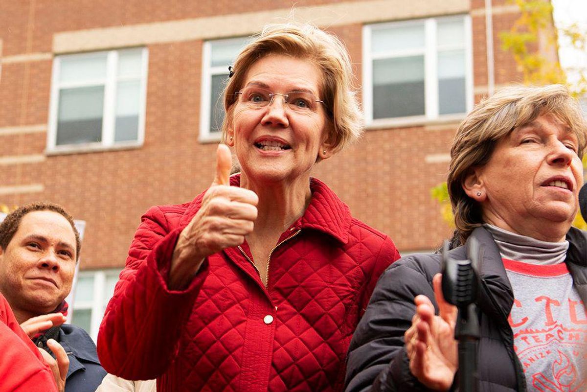 Sen. Elizabeth Warren speaks to striking Chicago teachers on Oct. 22, 2019.