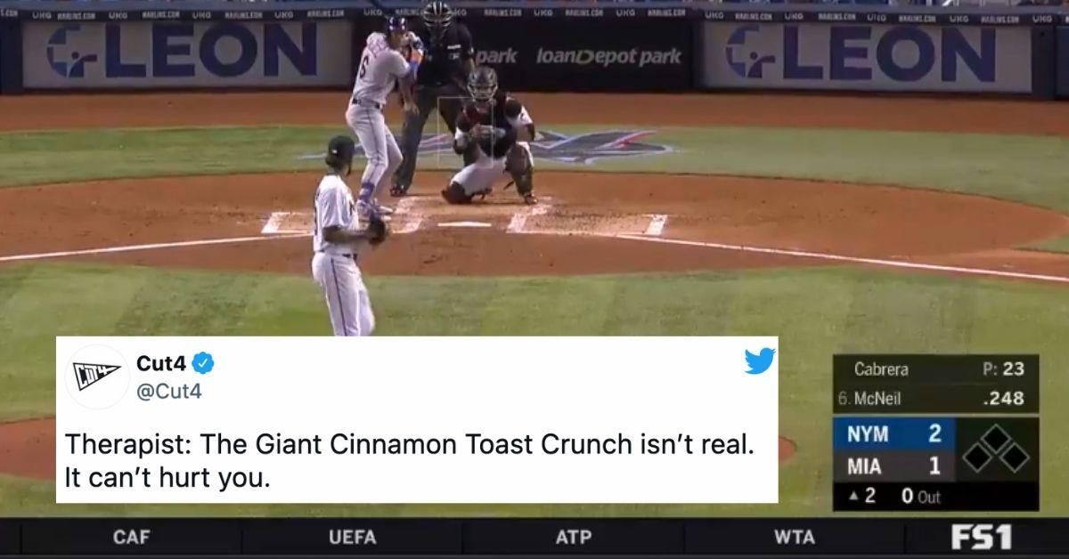 Giant Cinnamon Toast Crunch Mascot Sitting Right Behind Home Plate Is Pure Nightmare Fuel