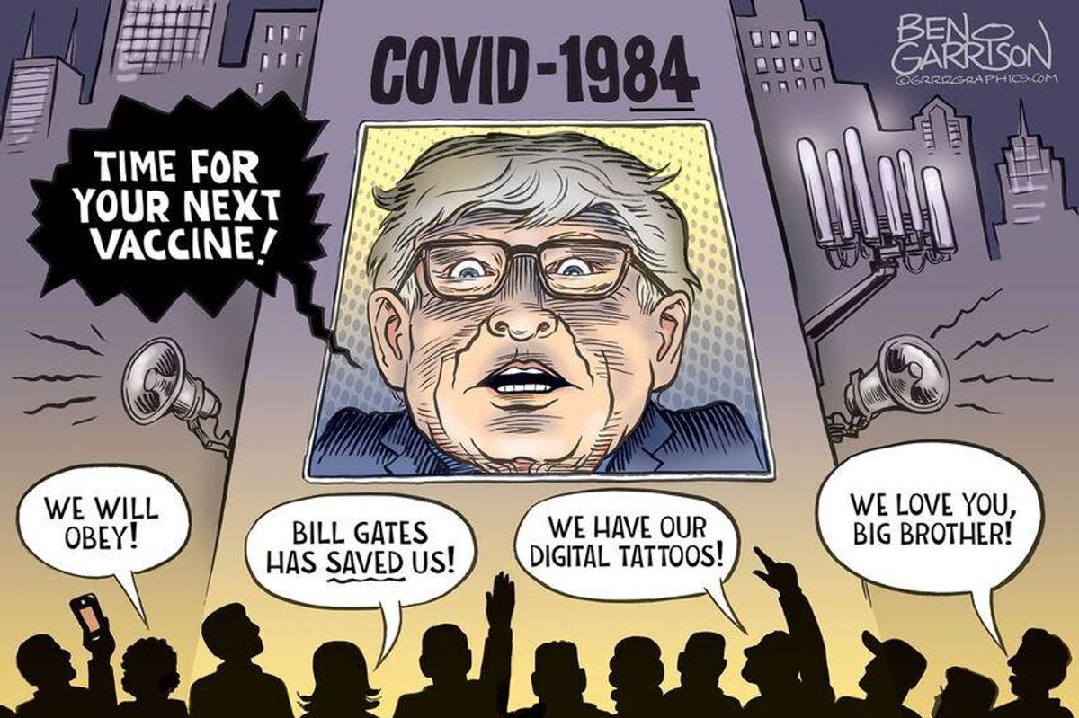 Crazy ass Ben Garrison cartoon depicting Bill Gates as big brother from 1984