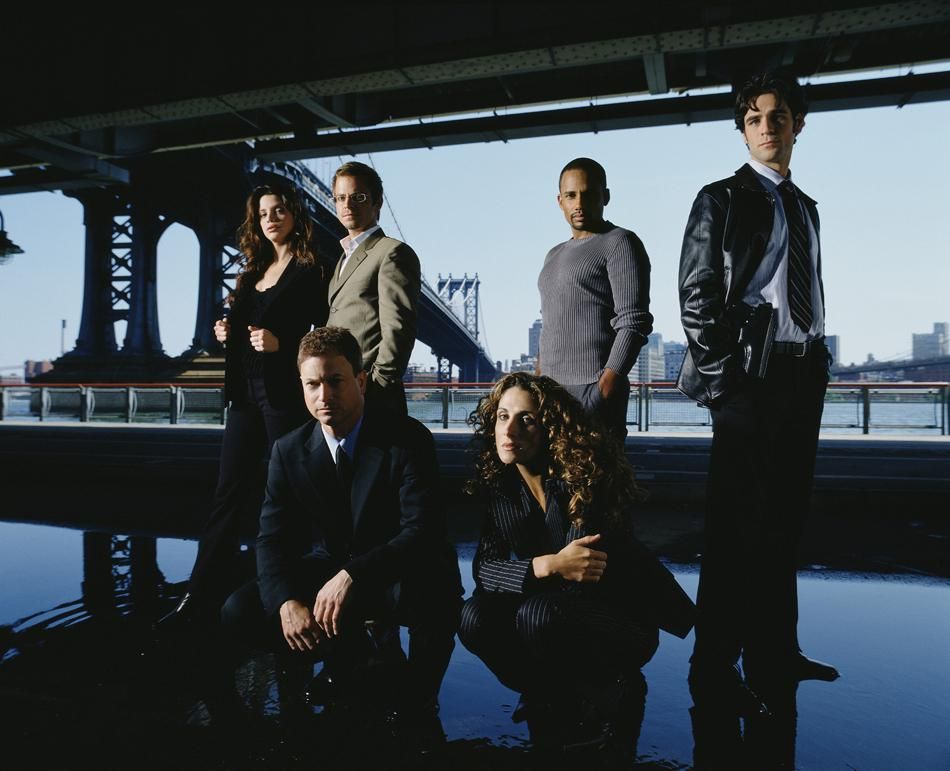 The stars of CSI NY pose under a bridge