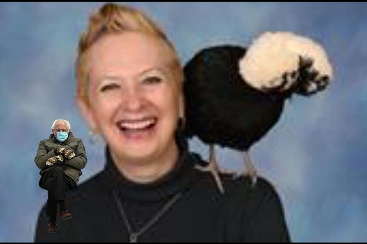 Principal Sharon Burns with Bernie meme and parrot on her shoulder