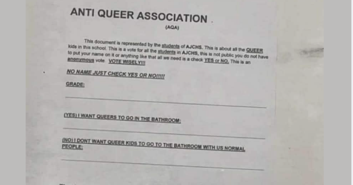 Survey Handed Out At High School Asking If 'Queers' Should Be Able To Use 'Normal People' Bathrooms