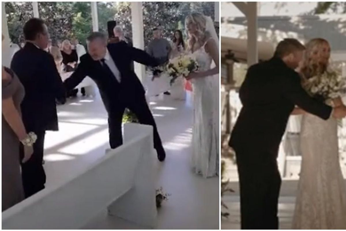 While walking his daughter down the aisle, dad pulls her stepdad from the crowd to join them