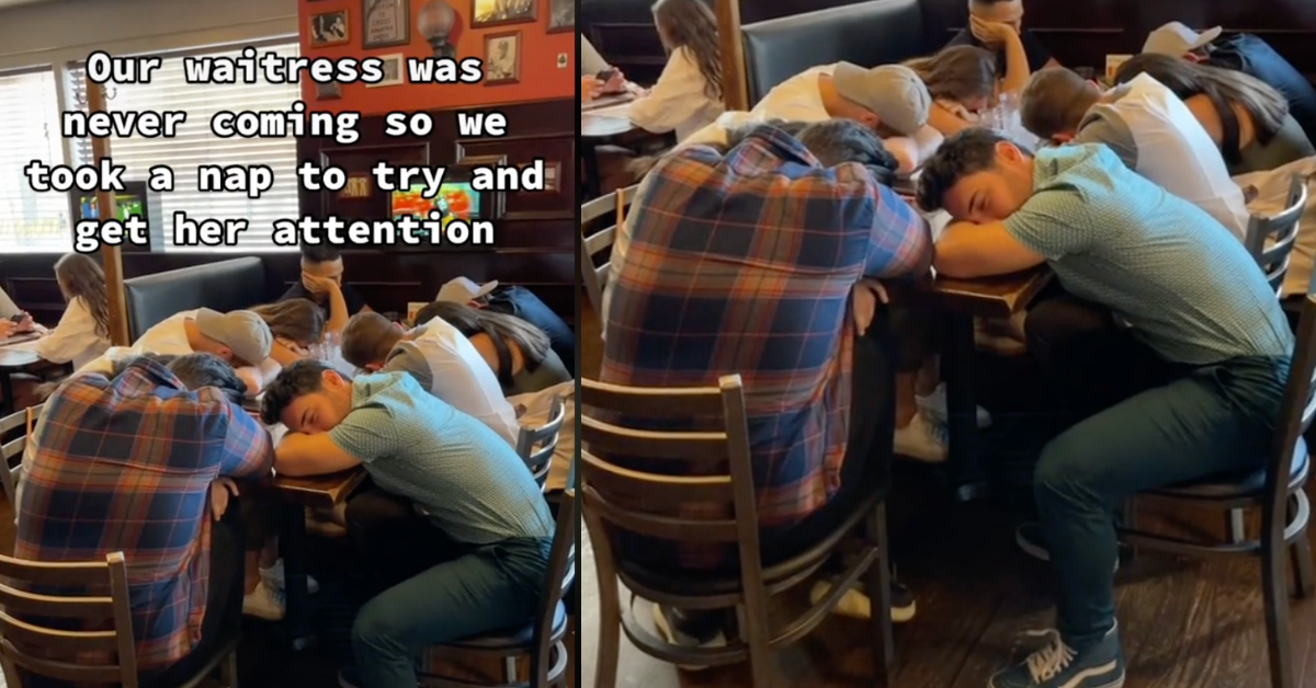 Table Of Men Called Out After Pretending To Fall Asleep To Get Their Busy Server's Attention