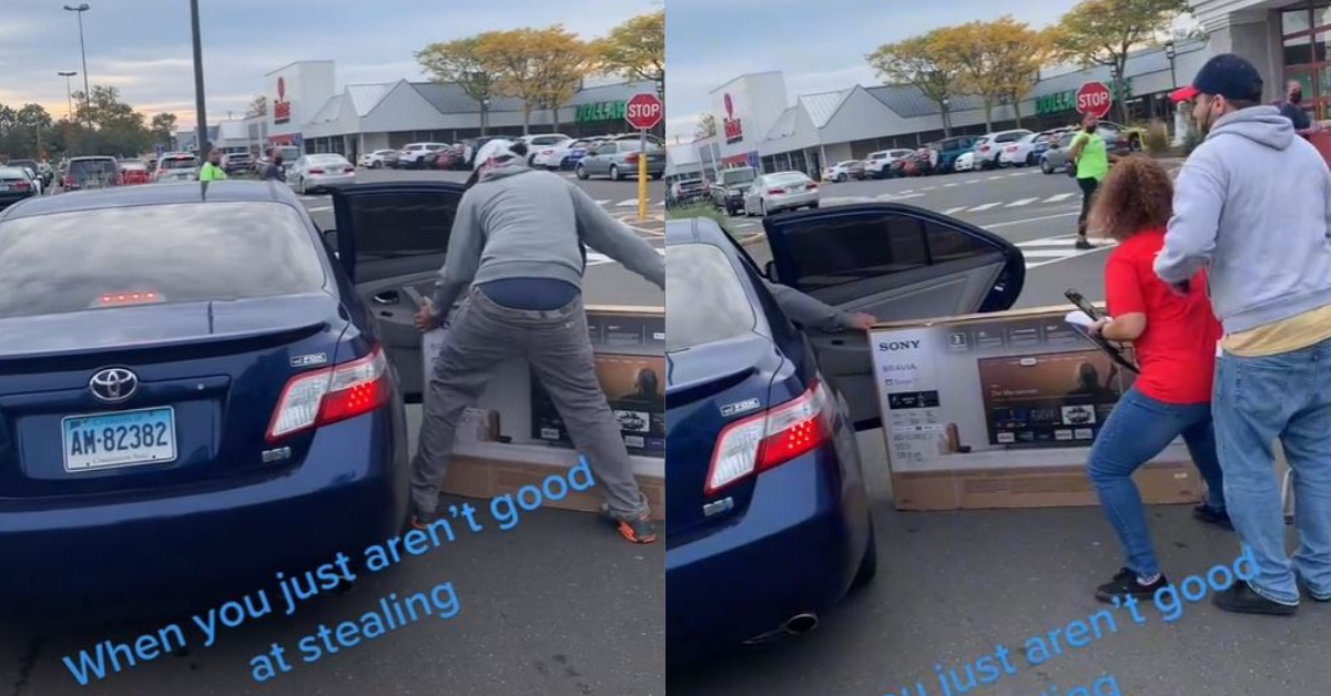 Shoppers Mock Would-Be Thief As He Tries To Steal A TV But Can't Even Fit It Into His Car