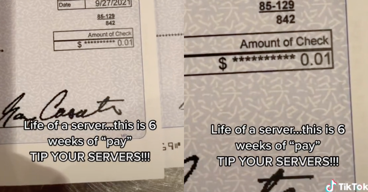 Server Sparks Debate After Showing Paychecks For Six Weeks Of Work That Amount To One Cent