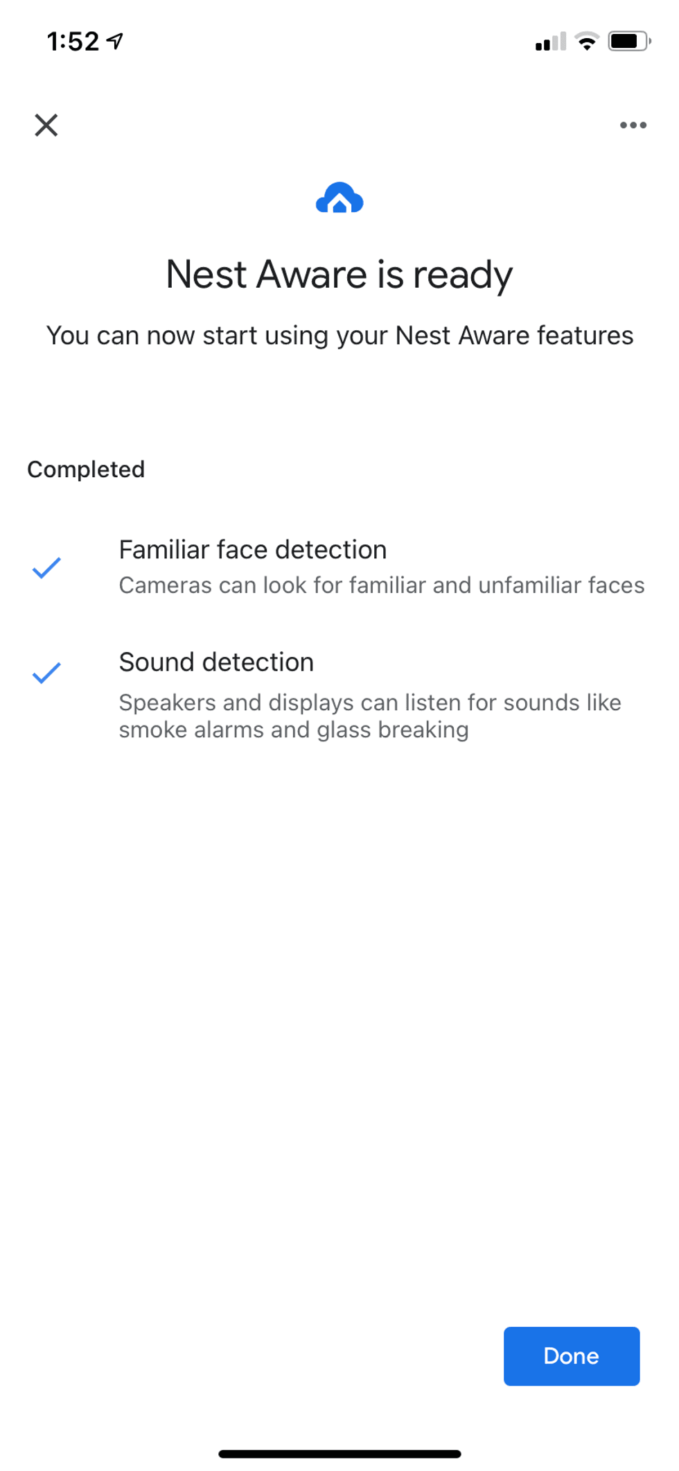 Google Home App showing Nest aware activated 